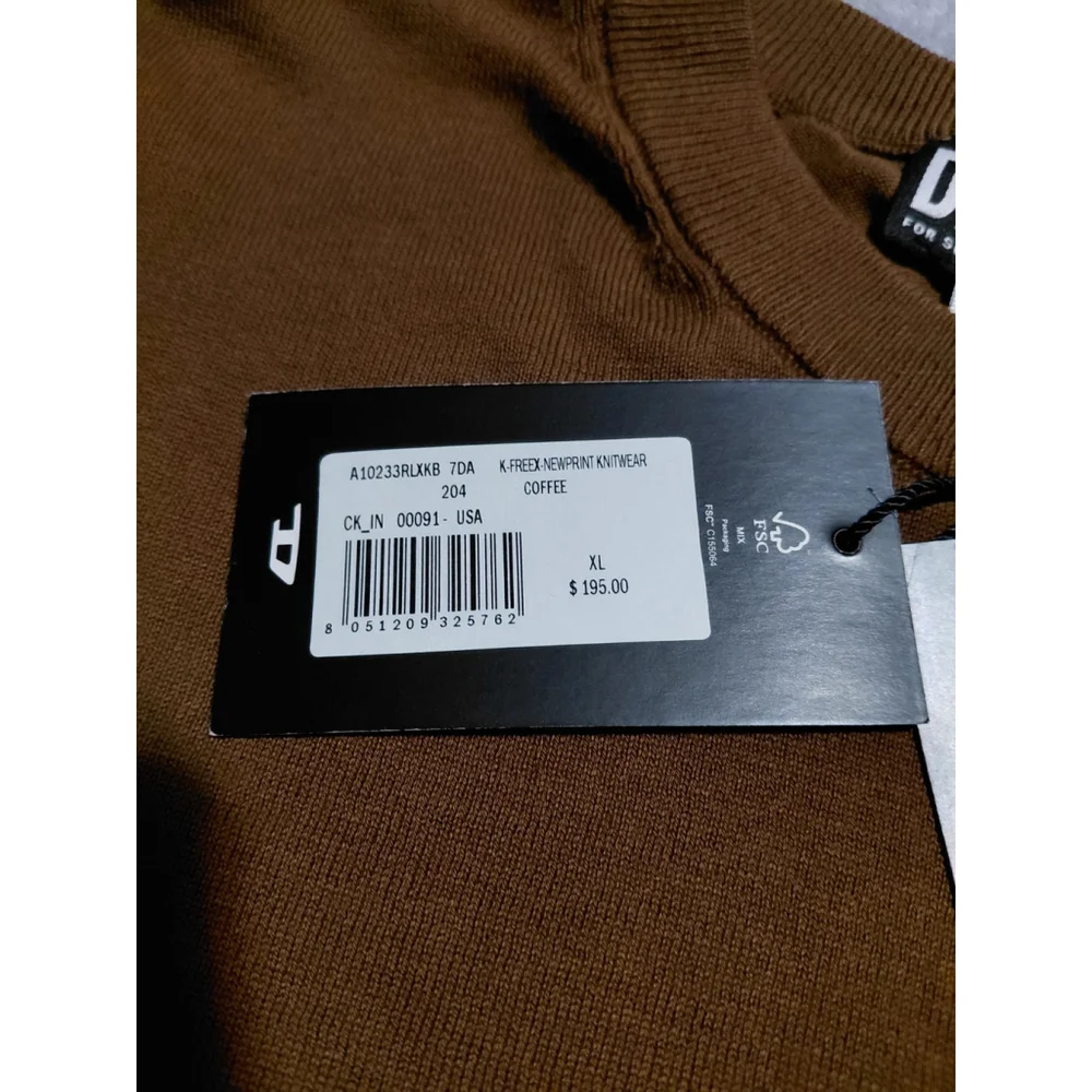 DIESEL K-FREEX-NEWPRINT KNIT Cotton Sweater Logo Patch Coffee Brown Mens XL NWT